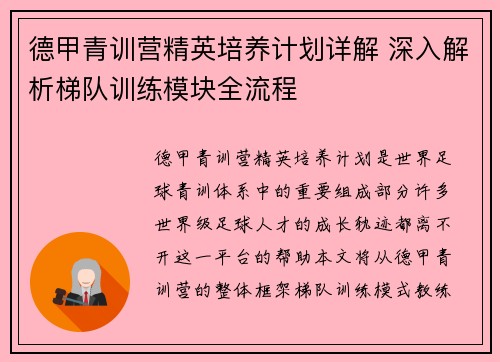 德甲青训营精英培养计划详解 深入解析梯队训练模块全流程
